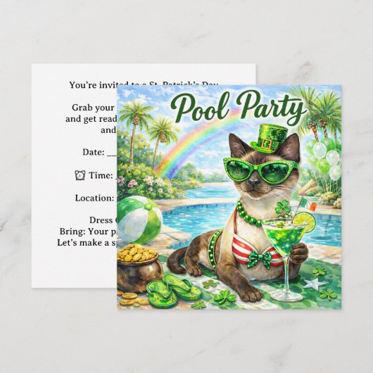 St. Patrick’s Day Glam-Cat-Poolparty Einladung (Vorne/Hinten)
