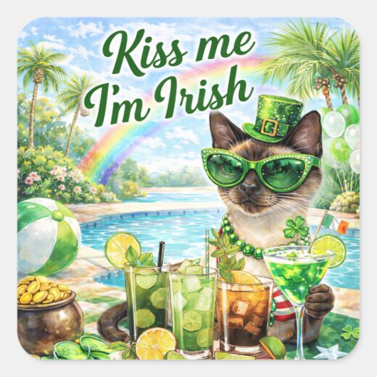 St. Patrick’s Day Glam-Cat-Poolparty  Quadratischer Aufkleber (Vorderseite)