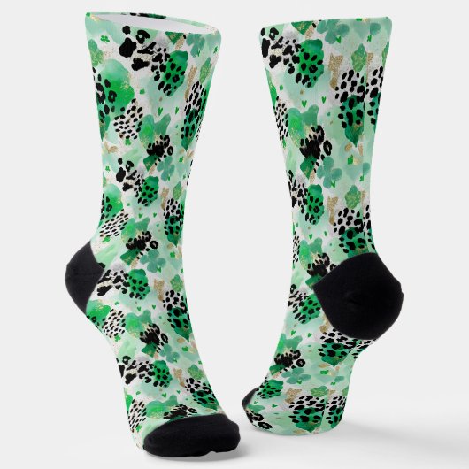 St. Patrick’s Day Grün Leopard & Herz Shamrock Socken (Gewinkelt)