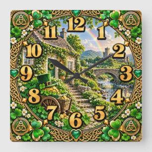 St. Patrick’s Day Irisches Cottage Quadratische Wanduhr
