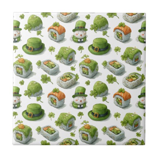 St. Patrick’s Day Sushi-Rollen & Kleeblatt Fliese (Vorderseite)