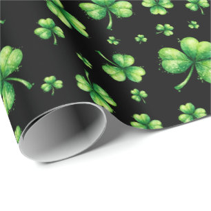 St. Patrick’s Day Wasserfarbe Shamrock auf Schwarz Geschenkpapier