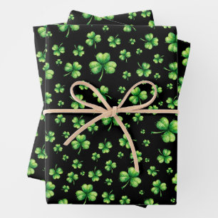 St. Patrick’s Day Wasserfarbe-Shamrock auf Schwarz Geschenkpapier Set