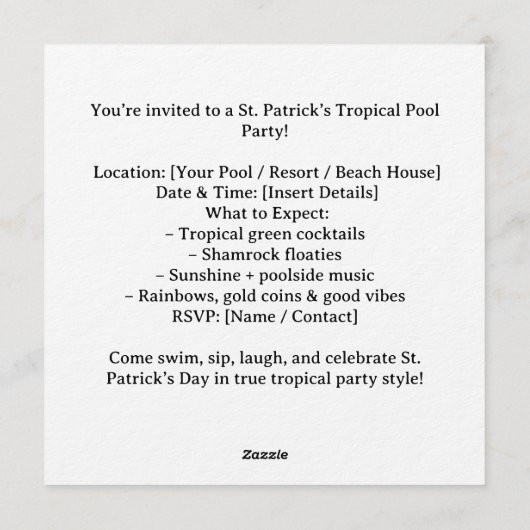 St. Patrick’s Tropical Pool Party Invitation  Einladung (Rückseite)