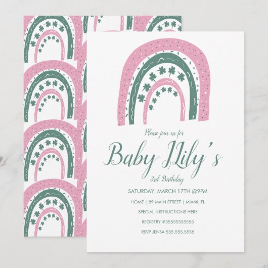 St. Patricks Birthday Rainbow Hand Drawn Pink Einladung (Vorne/Hinten)