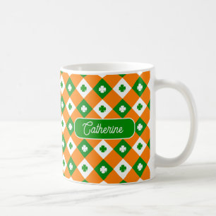 St Patrick's Clover Green Orange Kariert Name Kaffeetasse
