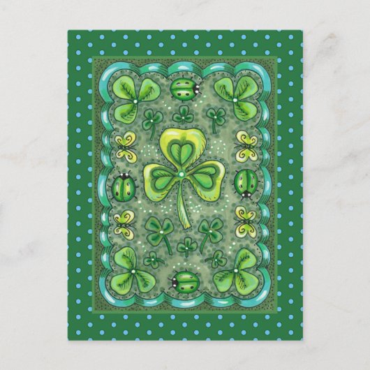 ST. PATRICK'S DACHFOLK ART KLEEBLATTS N' LADYBUGS POSTKARTE (Vorderseite)