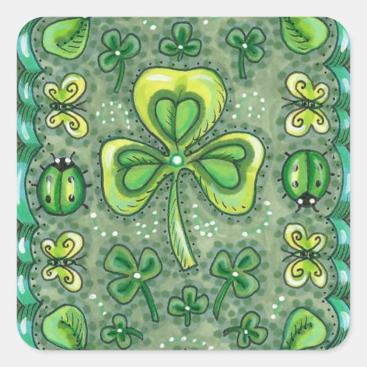 ST. PATRICK'S DACHFOLK ART KLEEBLATTS N' LADYBUGS QUADRATISCHER AUFKLEBER (Vorderseite)