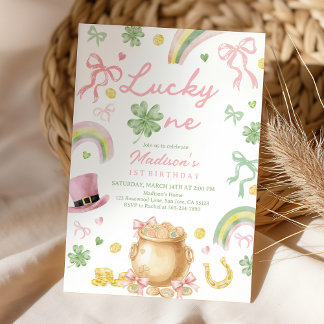 St Patrick's Day 1st Birthday Invitation Pink Bow Einladung
