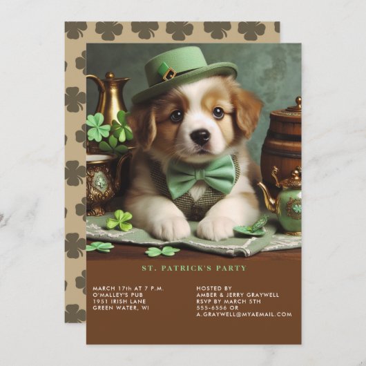 St Patrick's Day Adorable Puppy Green Hat Bow Kraw Einladung (Vorne/Hinten)