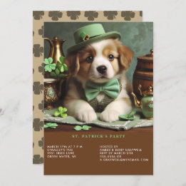 St Patrick's Day Adorable Puppy Green Hat Bow Kraw Einladung