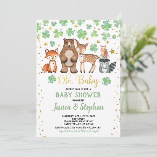 St Patrick's Day Baby Shower Kleeblatt Tiere Einladung (Stehend Vorderseite)