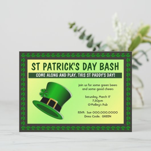 St Patrick's Day Bash Hat Einladung (Stehend Vorderseite)