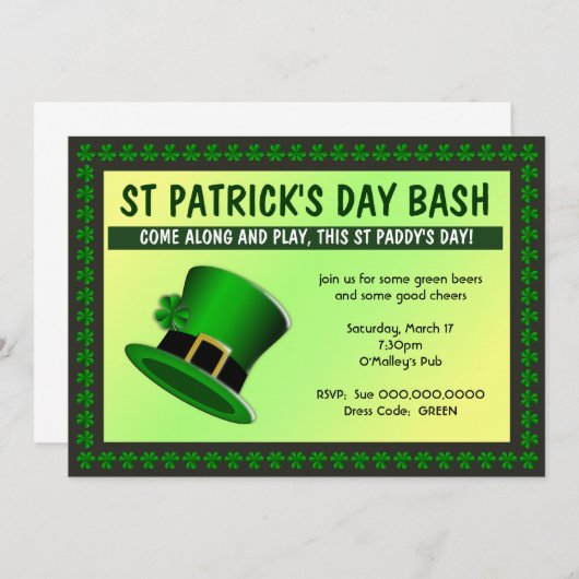 St Patrick's Day Bash Hat Einladung (Vorne/Hinten)