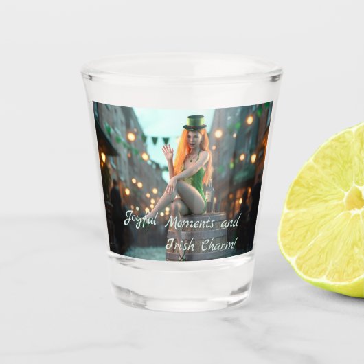 St Patrick's Day Beauty sitzt auf einem Fass Schnapsglas (Vorderseite)