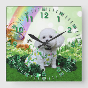St Patrick's Day - Bichon Frise - Mia Quadratische Wanduhr