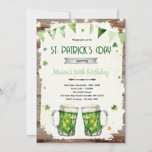 St. Patrick's Day Bier-Geburtstagseinladung Einladung (Vorderseite)