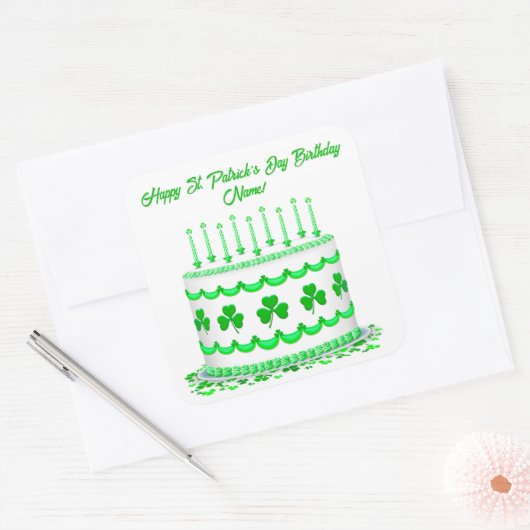 St Patrick's Day Birthday Cake Custom Candles Quadratischer Aufkleber (Umschlag)