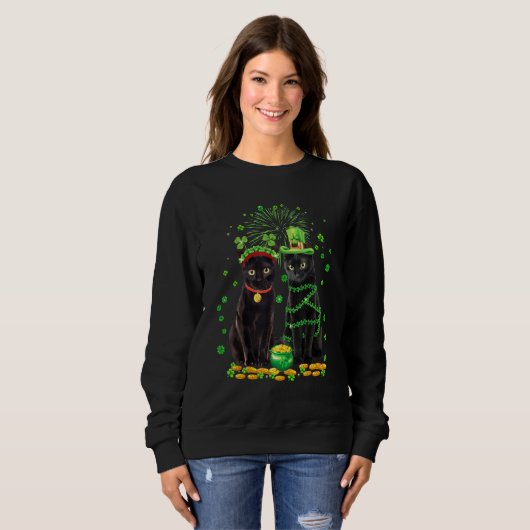St Patricks Day Black Cat Leprechaun Shamrock Funn Sweatshirt (Vorne ganz)