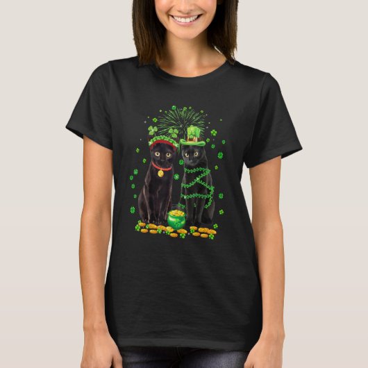 St Patricks Day Black Cat Leprechaun Shamrock Funn T-Shirt (Vorderseite)