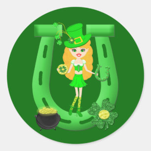 St Patrick's Day Blonde Girl Leprechaun Runder Aufkleber