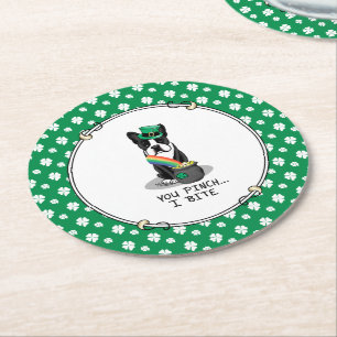 St Patrick's Day Boston Terrier Dog (schwarz) Funn Runder Pappuntersetzer