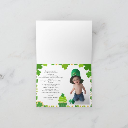 St. Patrick's Day Boy Birthday Kleeblatts Foto Dankeskarte (Innenseite)