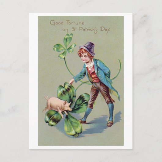 St. Patrick's Day Boy & Lucky Pig, Vintag Postkarte (Vorderseite)
