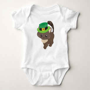 St. Patrick's Day, Brown Cat, Leprechaun Hat Baby Strampler