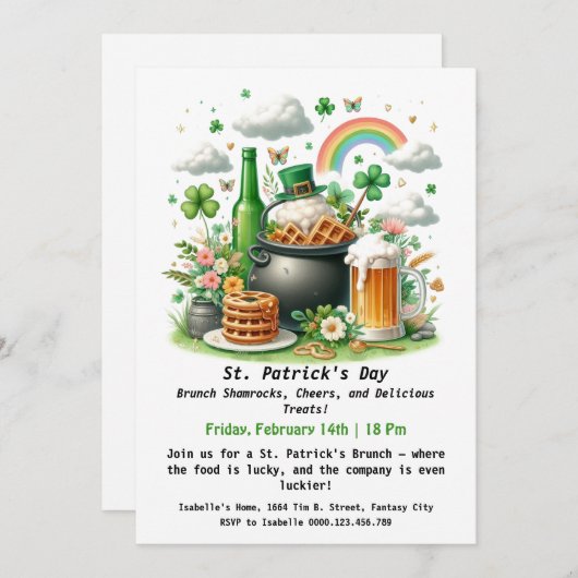 St. Patrick's Day Brunch - Kleeblätter, Cheers Einladung (Vorne/Hinten)