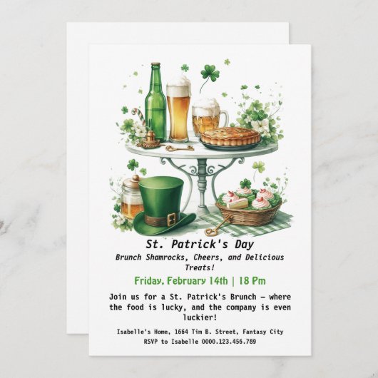 St. Patrick's Day Brunch - Kleeblätter, Cheers Einladung (Vorne/Hinten)