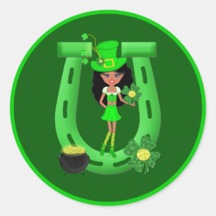 St Patrick's Day Brünett Girl Leprechaun Runder Aufkleber