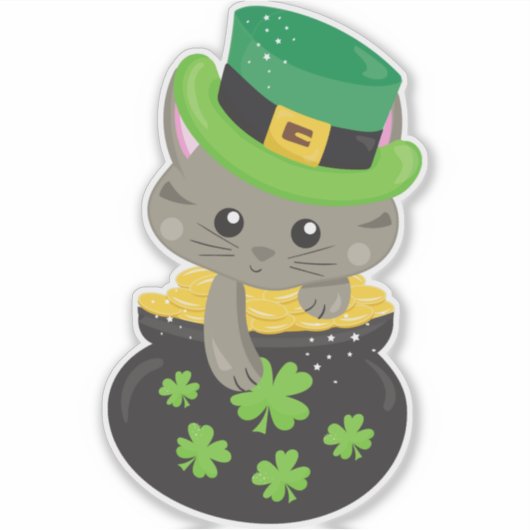 St. Patrick's Day Cat, Clovers, Pot of Gold Aufkleber (Vorderseite)