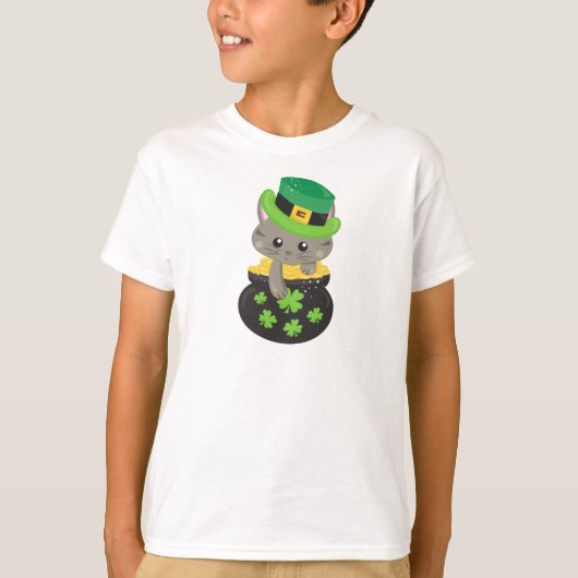 St. Patrick's Day Cat, Clovers, Pot of Gold T-Shirt (Vorderseite)