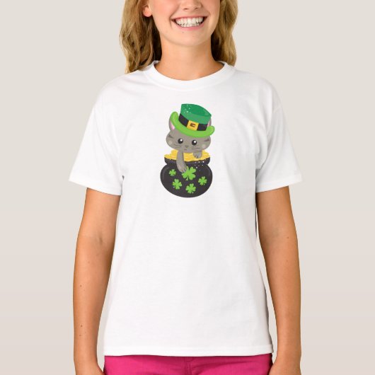 St. Patrick's Day Cat, Clovers, Pot of Gold T-Shirt (Vorderseite)