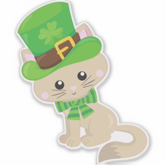 St. Patrick's Day Cat, Leprechaun Hat, Clovers Aufkleber (Vorderseite)