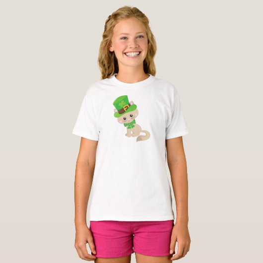 St. Patrick's Day Cat, Leprechaun Hat, Clovers T-Shirt (Vorne ganz)