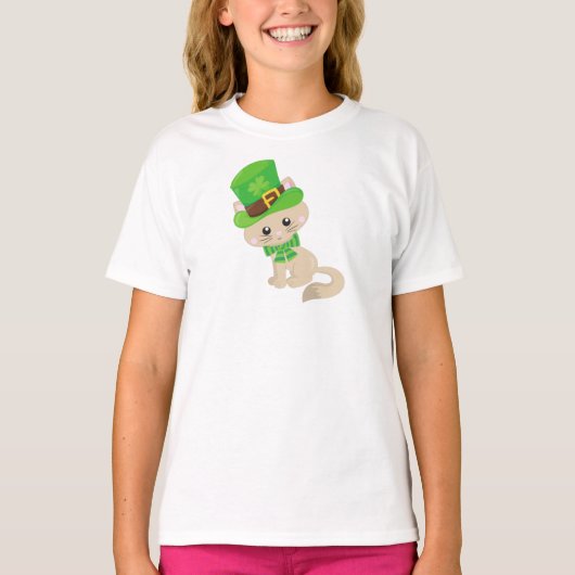 St. Patrick's Day Cat, Leprechaun Hat, Clovers T-Shirt (Vorderseite)