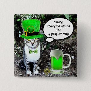 ST PATRICK'S DAY CAT WITH GREEN IRISH BEER BUTTON