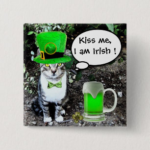 ST PATRICK'S DAY CAT WITH GREEN IRISH BEER BUTTON