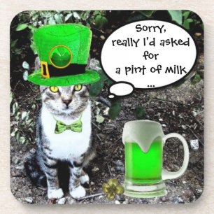 ST PATRICK'S DAY CAT WITH GREEN IRISH BEER GETRÄNKEUNTERSETZER