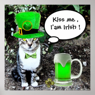 ST PATRICK'S DAY CAT WITH GREEN IRISH BEER POSTER