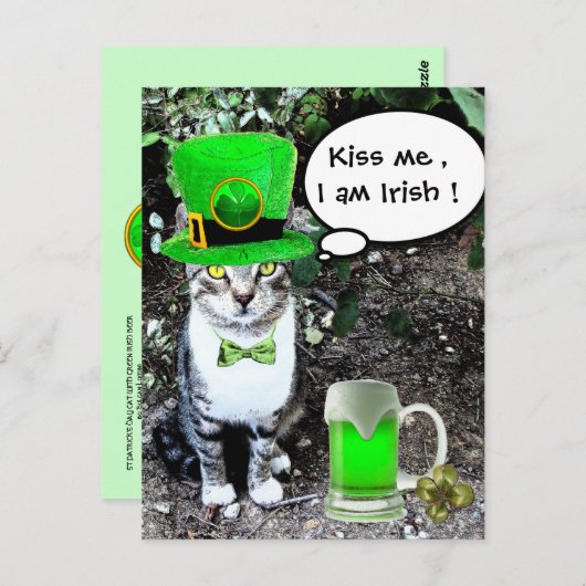 ST PATRICK'S DAY CAT WITH GREEN IRISH BEER POSTKARTE (Vorne/Hinten)