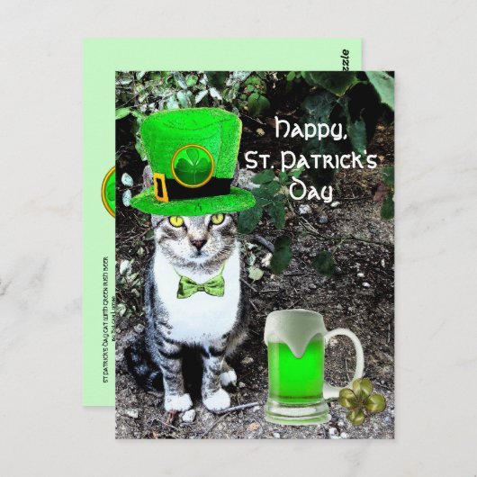 ST PATRICK'S DAY CAT WITH GREEN IRISH BEER POSTKARTE (Vorne/Hinten)