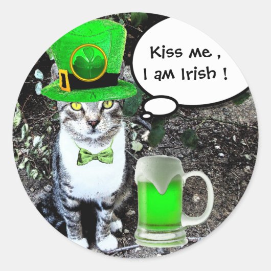 ST PATRICK'S DAY CAT WITH GREEN IRISH BEER RUNDER AUFKLEBER (Vorderseite)