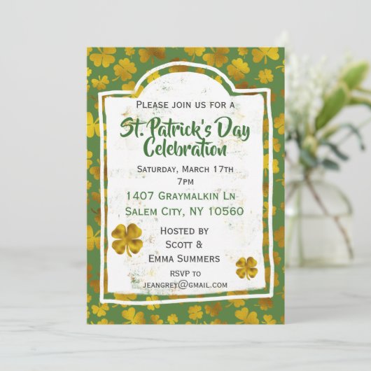 St Patrick's Day Celebration Gold Kleeblatt Clover Einladung (Stehend Vorderseite)