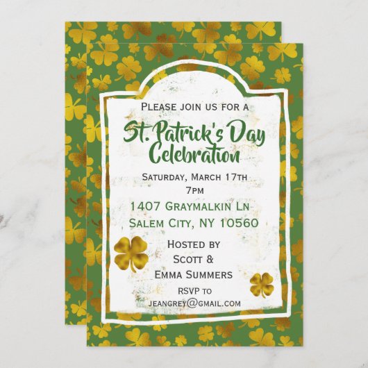 St Patrick's Day Celebration Gold Kleeblatt Clover Einladung (Vorne/Hinten)