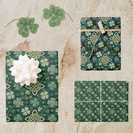 St Patrick's Day Celtic Knot 4 Leaf Clover Plaid Geschenkpapier Set
