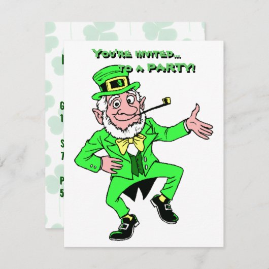 St. Patrick's Day Dancing Leprechaun Kleeblatts Einladung (Vorne/Hinten)
