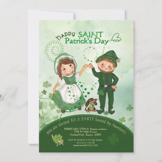 ST PATRICKS DAY Dancing Leprechauns Hand gezogen Einladung (Vorderseite)